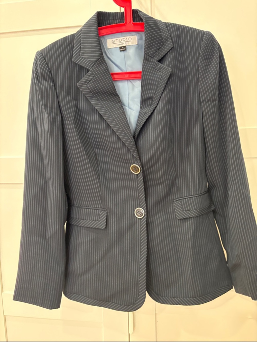 Tahari Navy blue Pinstripe Blazer with Light Blue Lining